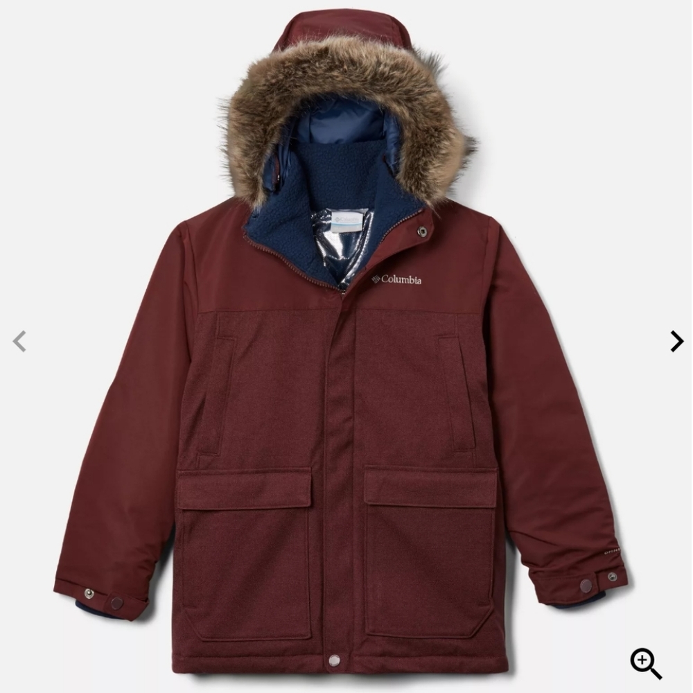 Columbia Kids Maroon Hooded Parka with Faux Fur Trim